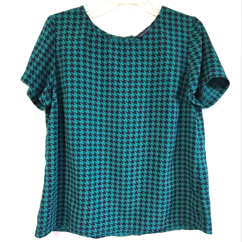 Tommy Hilfiger Green and Navy Blue Houndstooth Short Sleeve Shirt Size Large